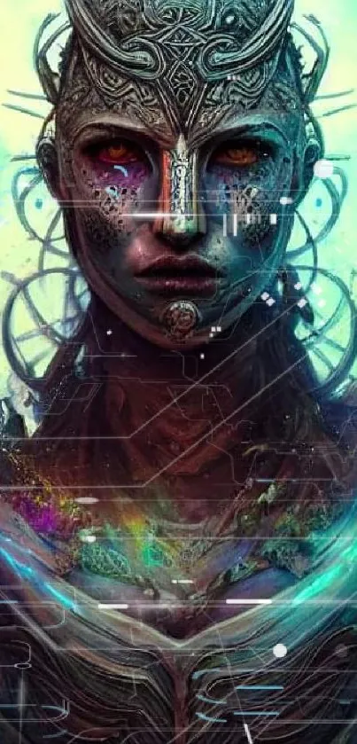 Mystical cybernetic portrait with vibrant colors and intricate designs in a futuristic style.