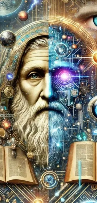 Mystical cyberpunk artwork with ancient wisdom and cosmic elements on a phone wallpaper.