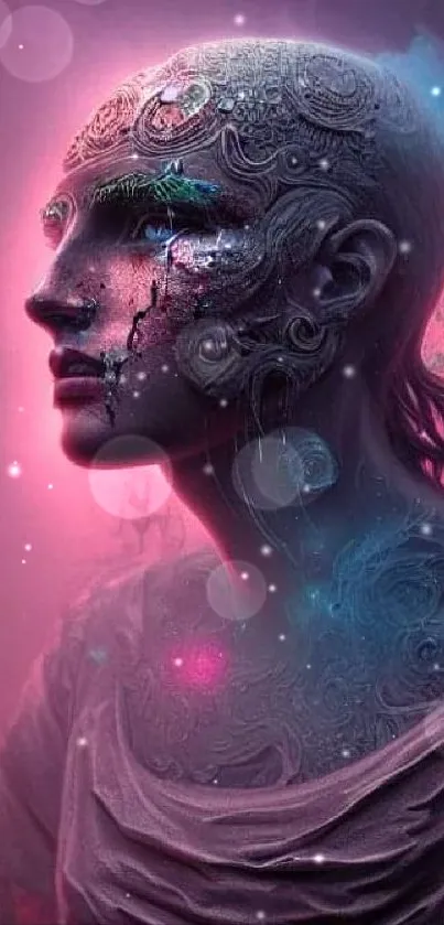 Mystical cyberpunk artwork with vivid pink and blue hues.