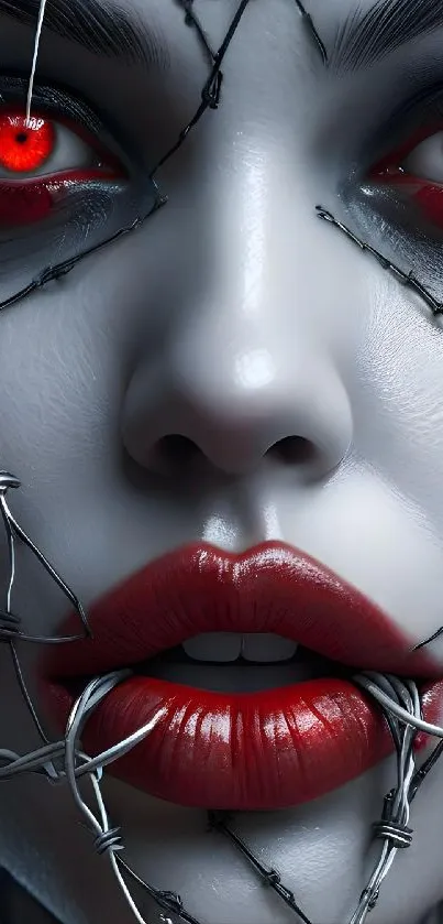 Cyberpunk face with vibrant red eyes.