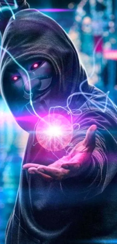 Hooded figure holds a glowing orb in a cyberpunk cityscape.