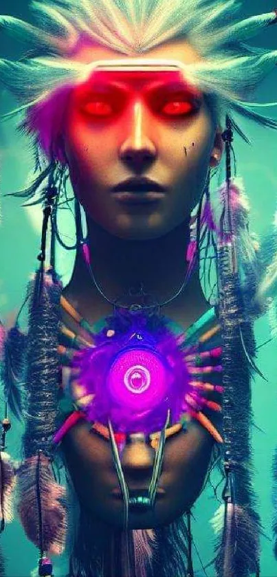 Mystical cyberpunk shaman with vibrant purple accents.