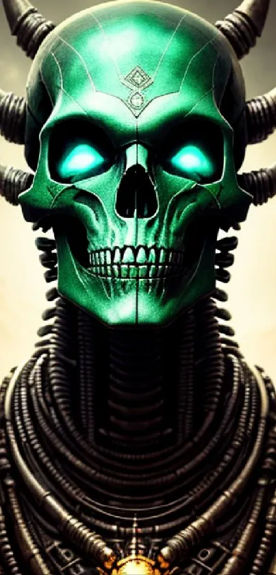 Emerald green cyberpunk skull with glowing eyes and mechanical details.