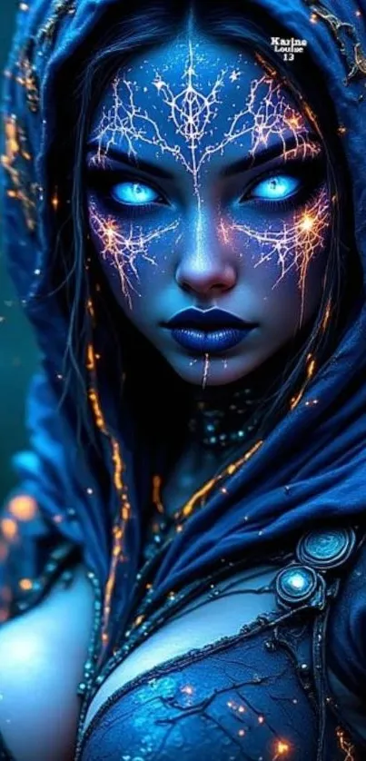 A mystical cyberpunk witch with glowing blue eyes in detailed artwork.