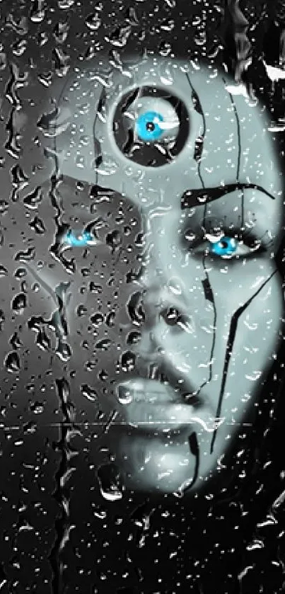 Mystical cyborg face with third eye in dark background.