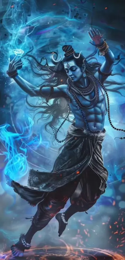 Artistic depiction of Shiva with vibrant blue and cosmic elements.