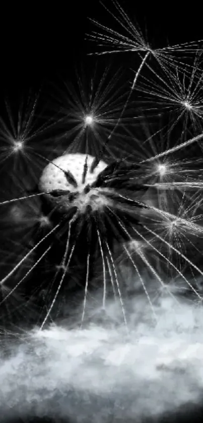 Mystical dandelion nightscape in black and white.