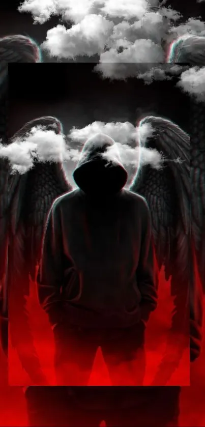 Hooded figure with angel wings surrounded by clouds and red flames.