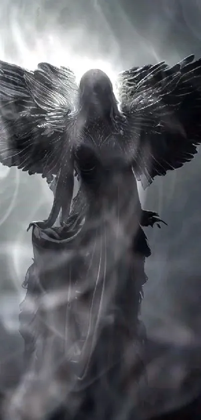 Silhouette of a mystical dark angel with wings in a gothic theme.