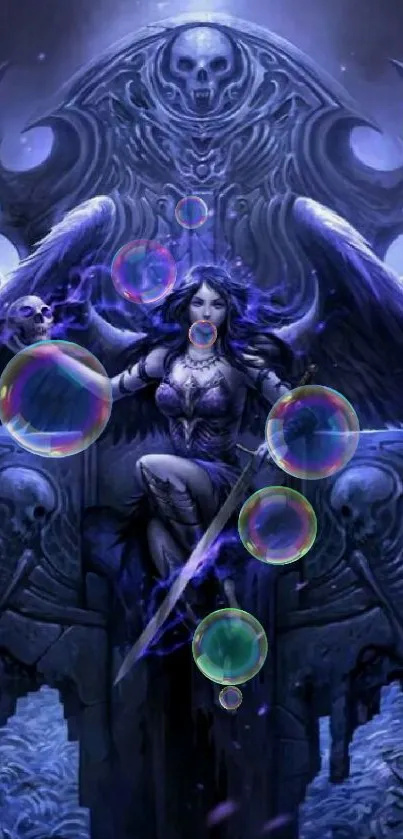 Dark angel with wings sitting on a throne bathed in blue and purple lights.