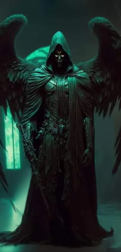 Ethereal dark angel with wings in teal hues, standing in shadows.