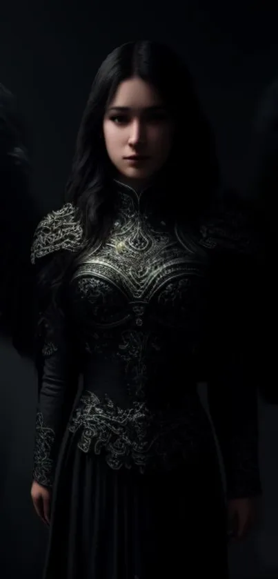 Dark angel with intricate armor and black wings in a mystical setting.