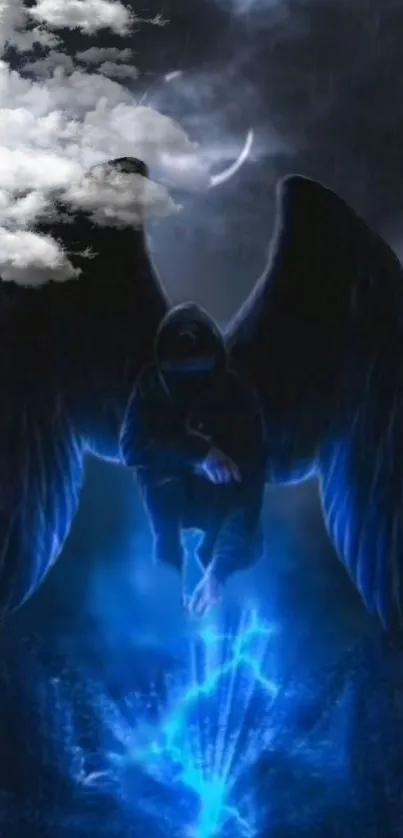 Mysterious dark angel with glowing blue aura in clouds.