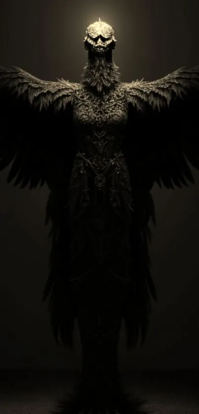 Dark angel with glowing light in a mystical wallpaper.