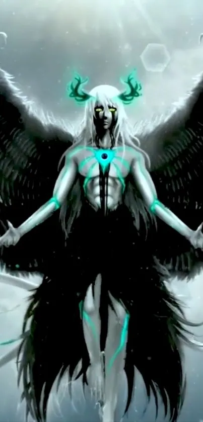 Mystical angel with dark wings and turquoise accents.