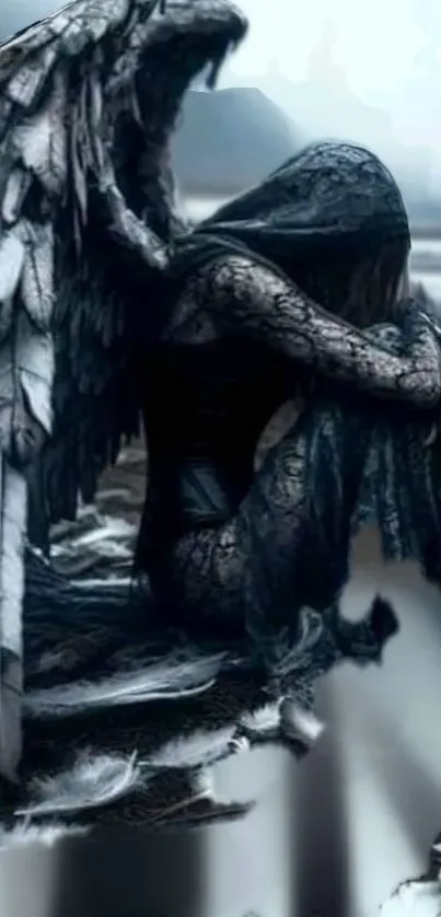 Dark angel with wings amidst scattered feathers in a mystical landscape.