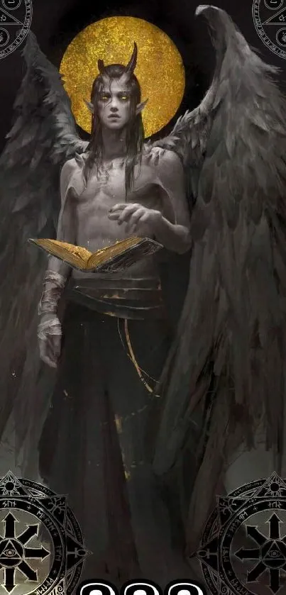 Mystical dark angel with golden halo.