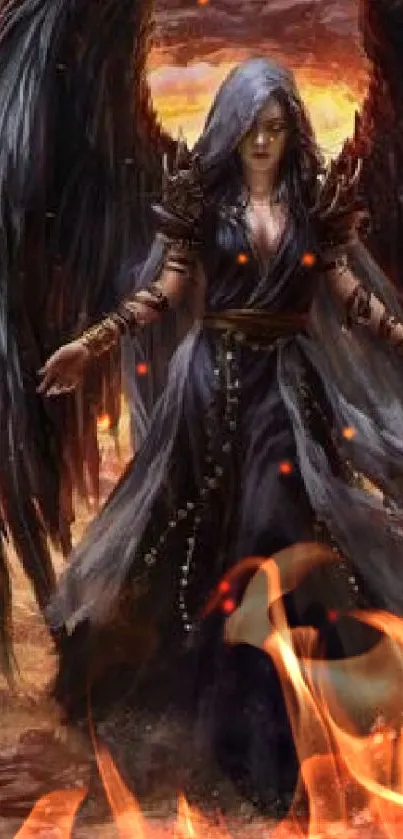 Mystical dark angel with fiery background.