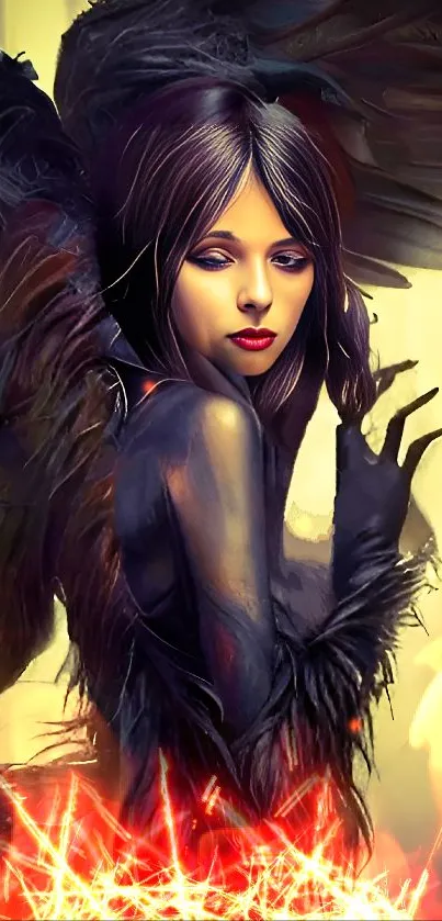 Mystical dark angel with wings in a fantasy setting.