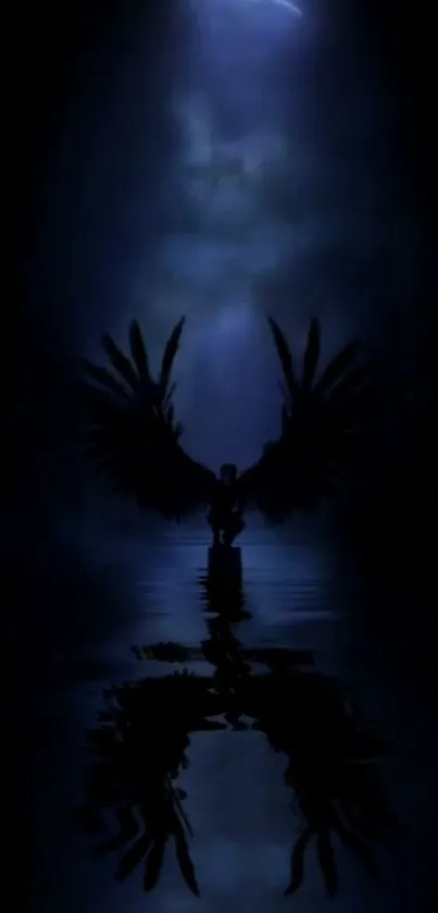 Dark angel with wings reflected in water under a blue night sky.