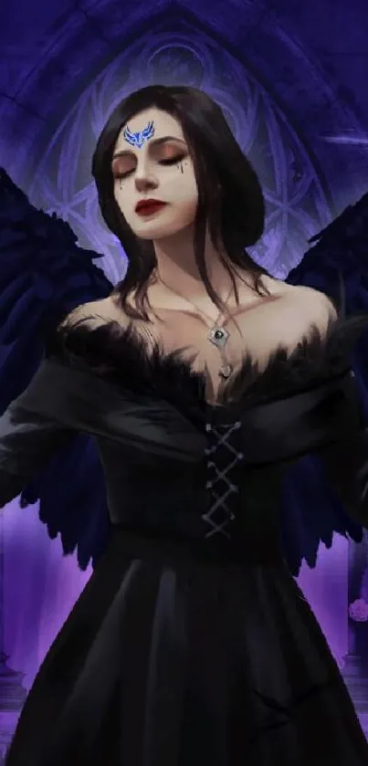 Mystical gothic angel with dark wings on purple background.