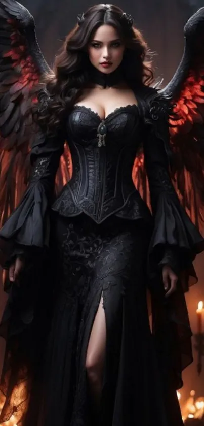Mystical dark angel with wings, wearing a gothic black dress.