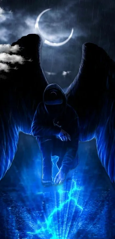 Dark angel with glowing blue aura in a night sky.