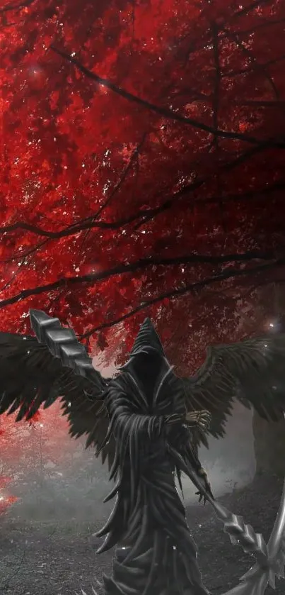 Dark angel with wings under red autumn leaves in a mystical forest.