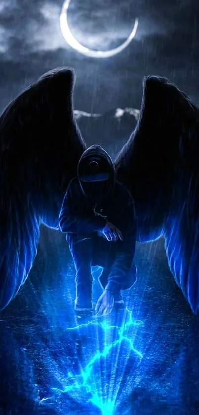 Dark angel with blue glow under a crescent moon.