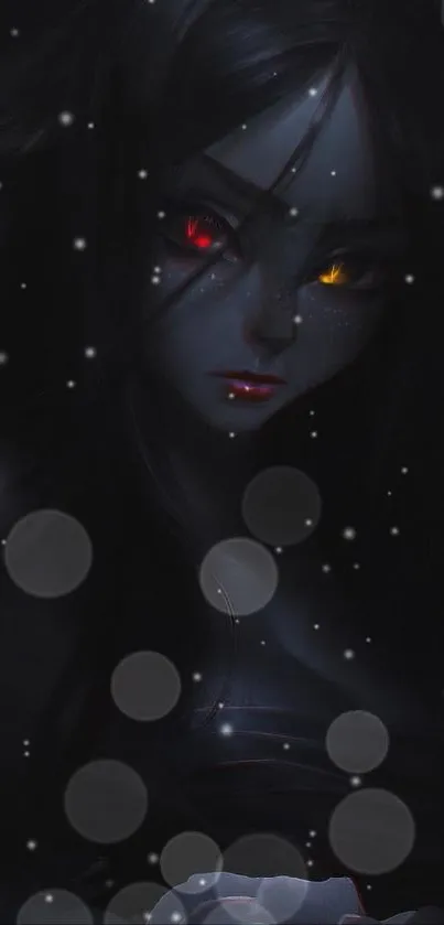 A dark-themed anime character with luminous red and yellow eyes in a mystical setting.