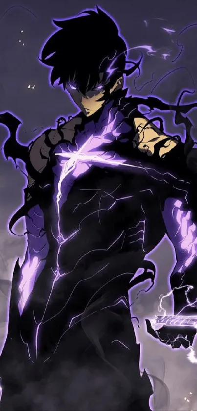 Anime character with purple lightning and shadowy design.