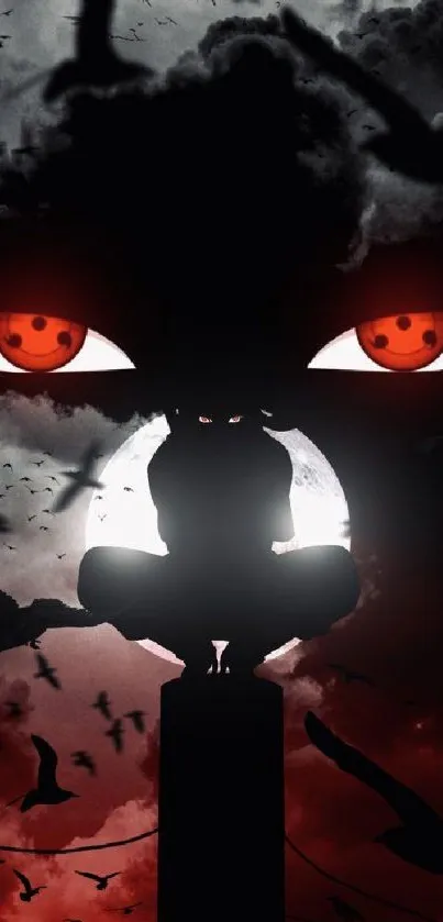 Anime silhouette with red eyes in dark night sky.