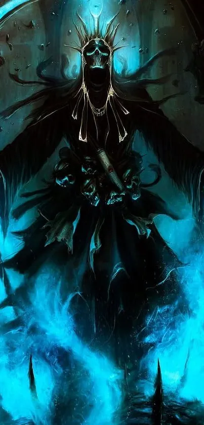 Dark fantasy figure with blue flames in mystical art.