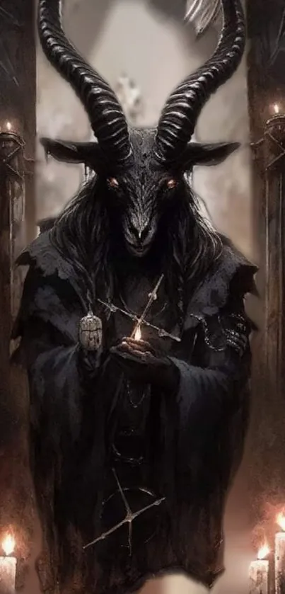 Dark mystical art wallpaper with horned figure.