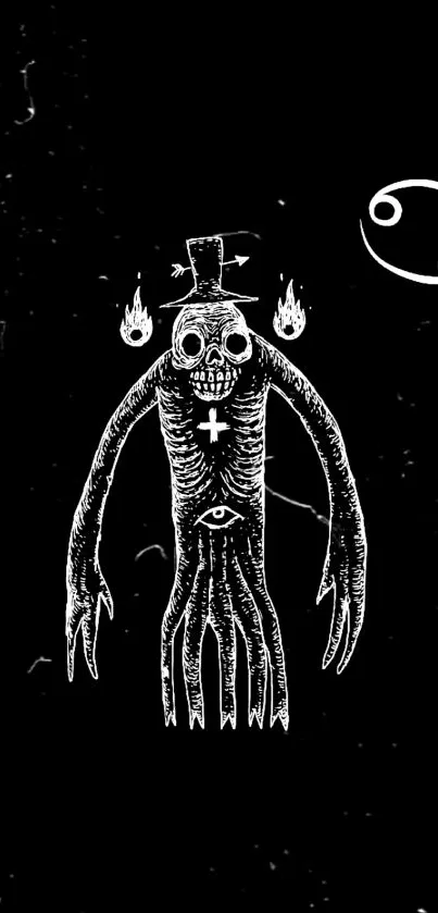 Mystical skeletal figure with surreal elements on a black background wallpaper.