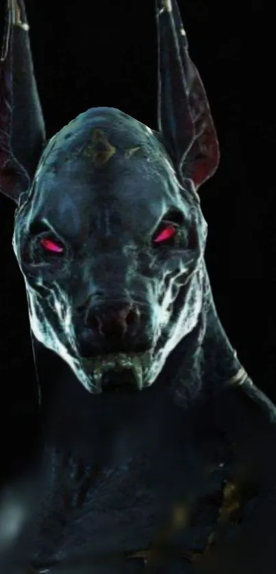 Dark mystical canine with glowing eyes on a black background.