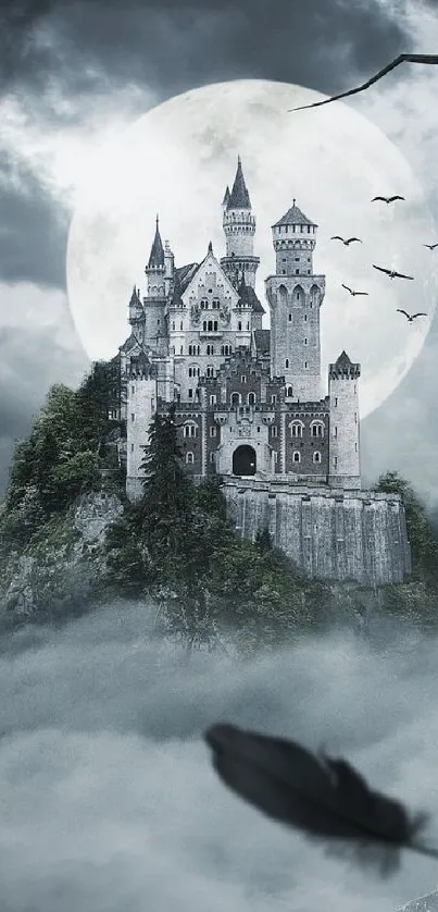 Mystical dark castle under moonlight with gothic scenery.