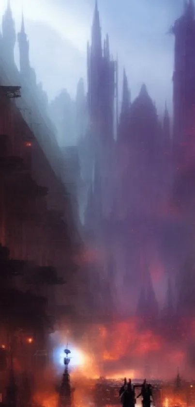 Mystical cityscape with fog and glowing lights.