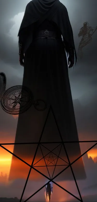 Dark cloaked figure with star symbol and dramatic sky in wallpaper.