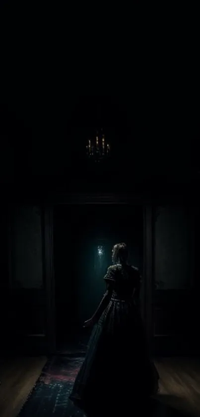 Mystical dark corridor with silhouetted figure under dim light.