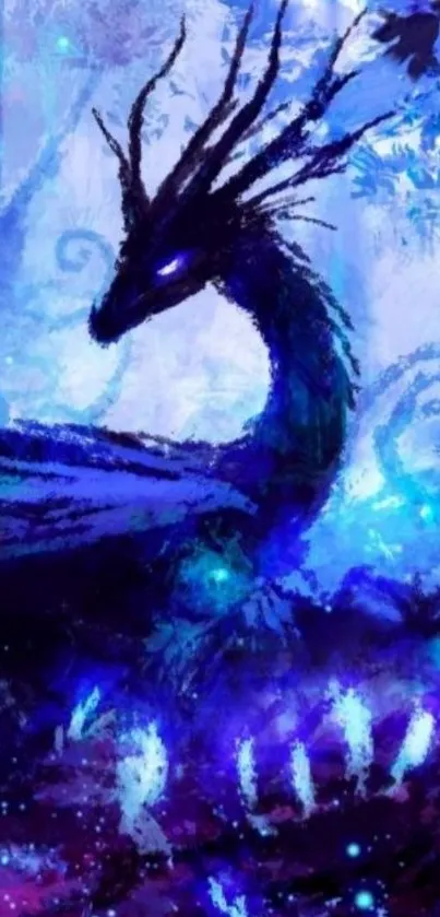 Mystical dark dragon in enchanted forest with blue glow.