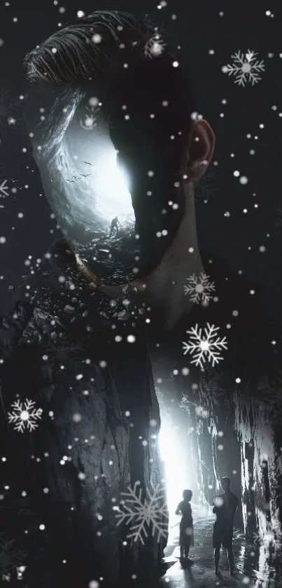 Dark surreal face art with snowflake effects.