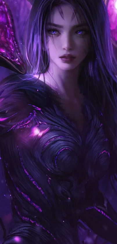 Dark fantasy art of a mystical figure with vibrant purple tones.