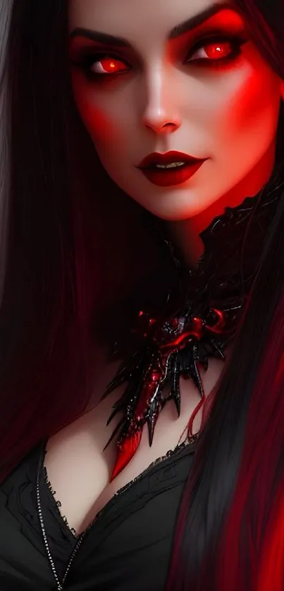 Gothic woman with red eyes in dark fantasy art style wallpaper.