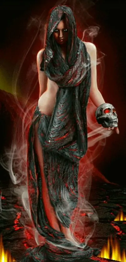 Dark, mystical fantasy wallpaper with an ethereal figure holding a fiery skull.