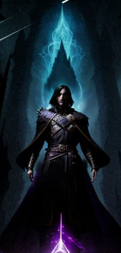 Mystical dark fantasy figure with a blue aura, set against a magical background.