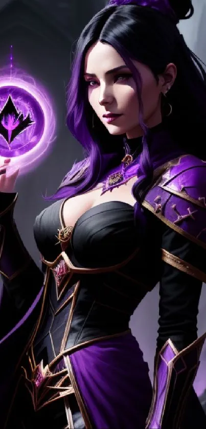 Mystical sorceress in purple armor holding a glowing symbol in a dark fantasy setting.