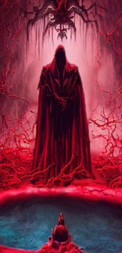 Dark fantasy art with a cloaked figure surrounded by red roots.