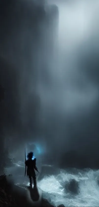 Mystical lone figure in dark foggy landscape with ethereal blue glow.