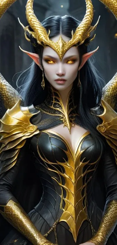 Mystical dark fantasy character with golden armor and glowing eyes.